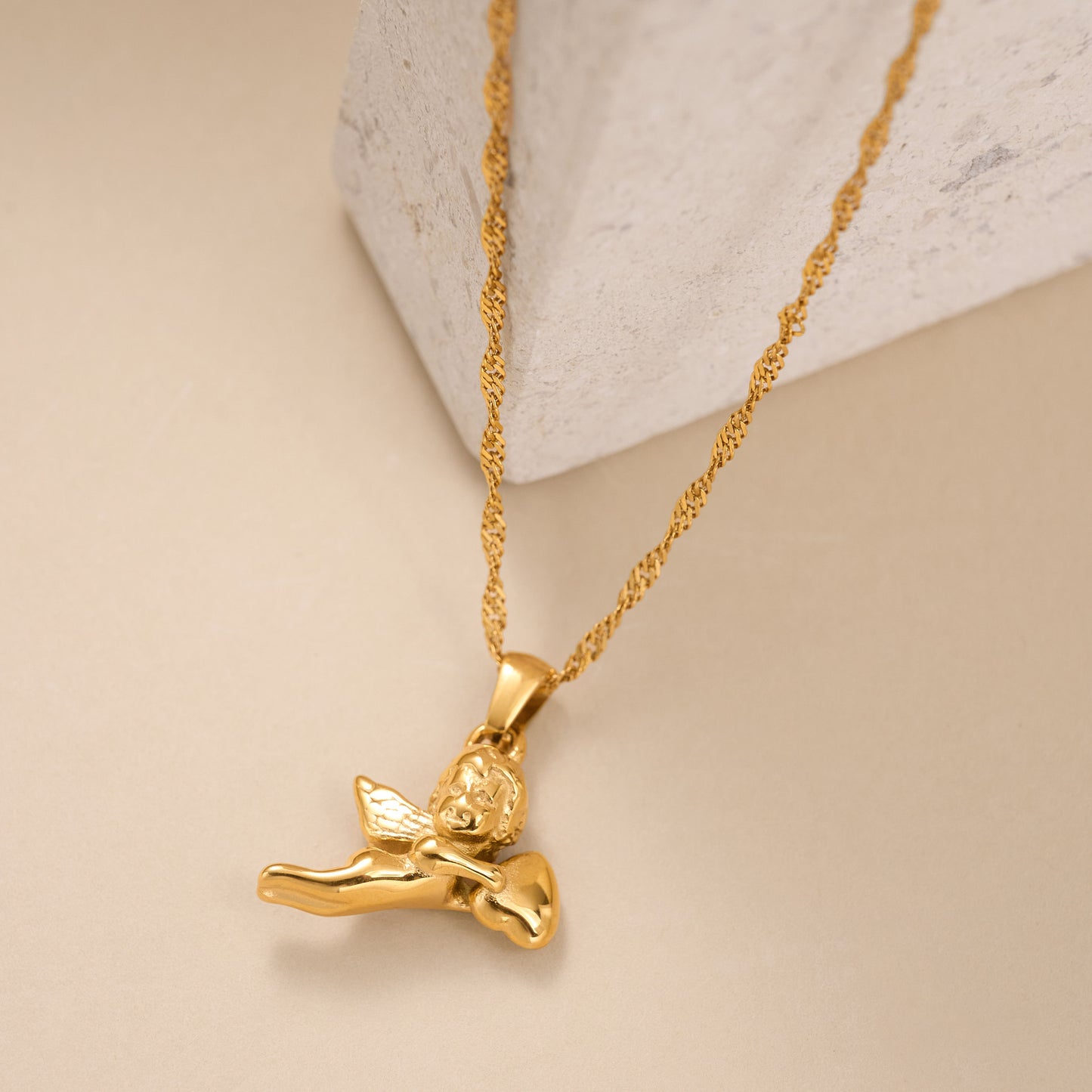 8K Gold Plated Titanium Steel Water Ripple Necklace Angel Little Heart Choker Necklace