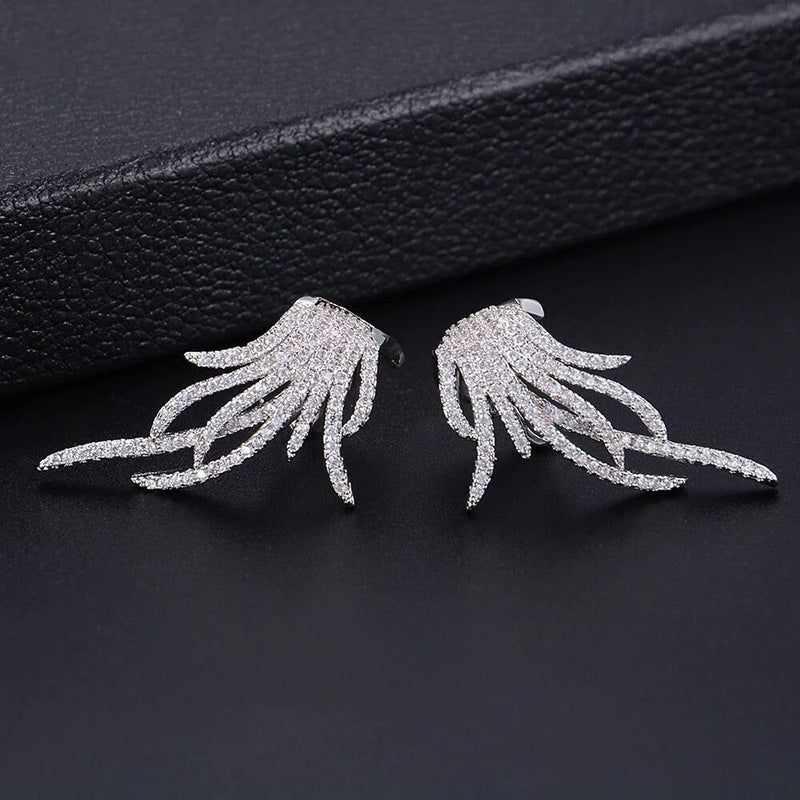 Fashion Feather Ear Clip Inlaid Zircon Earrings