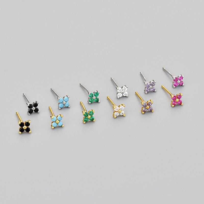 Cross Border Sweet Four-leaf Multicolor Zircon Flower Earrings