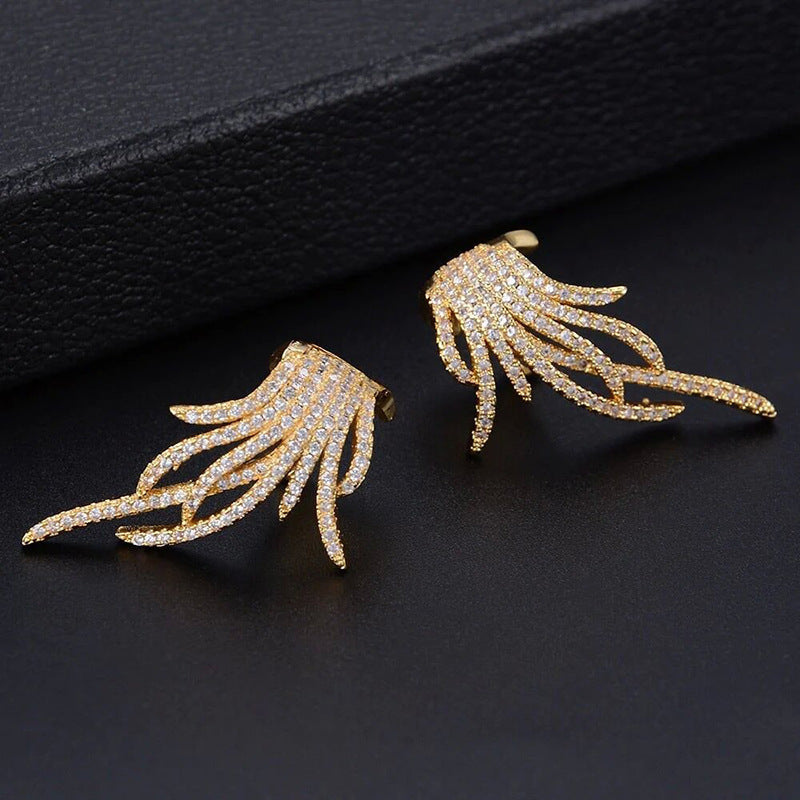Fashion Feather Ear Clip Inlaid Zircon Earrings