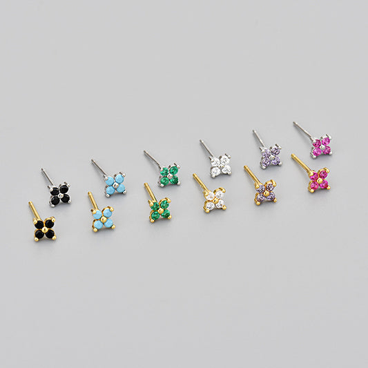 Cross Border Sweet Four-leaf Multicolor Zircon Flower Earrings